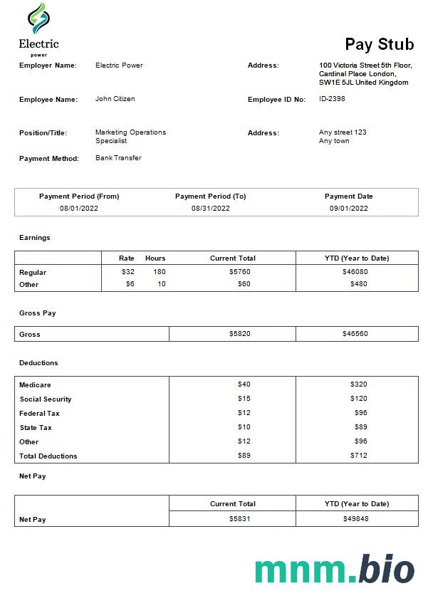 Szablon płatnego odcinka energii elektrycznej w formatach Word i PDF
